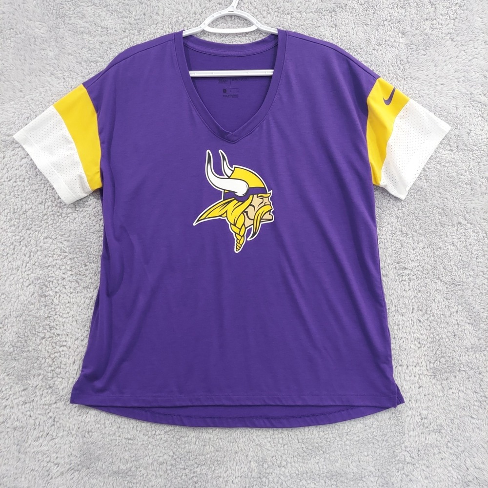 Nike Minnesota Vikings T-Shirt Women's Large Purple V-Neck Dri-FIT Mesh Sleeve